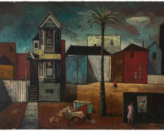 28 Lundy Siegriest (1925-1985) "West Oakland Mansion," circa 1950 Oil on canvas Signed lower right: Lundy Siegriest; signed again, titled, and inscribed with the artist's Oakland, CA address, verso; with the artist's estate stamp on the stretcher 30" H x 40" W Estimate: $2,000 - $3,000