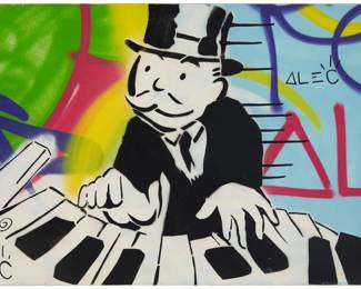 128 Alec Monopoly (b. 1986) Mr. Monopoly playing the piano, 2010 Acrylic and spray paint on canvas Signed (twice) in the lower left and upper right: Alec; inscribed lower left: "For / Thor"; dated by repute 24" H x 36" W Estimate: $20,000 - $30,000
