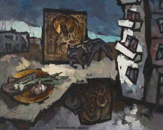 53 Oscar Rabin (1928-2018) "Landscape with New Houses, Icon, Vegetables and Wolves," 2000 Oil on canvas Signed and dated lower center: Oscar Rabine 2000; titled in Cyrillic on the verso 28" H x 35.5" W Estimate: $20,000 - $30,000