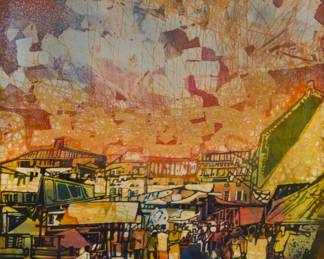 160 Seah Kim Joo (b. 1939) "Street Scene," 1971 Batik on fabric Signed lower left: Seah Kim Joo; titled and dated on a gallery label affixed to the frame's backing board Sight: 24" H x 18" W Estimate: $500 - $700