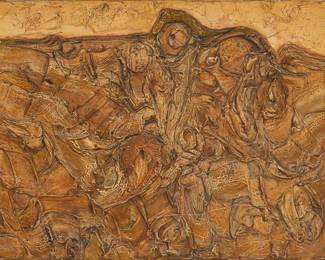 55 Kostas Paniaras (1934-2014) Untitled, 1960 Oil and encaustic on linen Signed, dated and inscribed in black paint verso: "Paniaras - 60 / - 28 -"; signed again and inscribed in ink on the stretcher: "Best souvenirs and greetings / Dec. 1964 Kostas Paniaras" 10.75" H x 13.875" W Estimate: $500 - $700