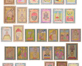 70 Frédéric Bruly Bouabre (1923-2014) 31 Figural compositions, 1989, 2005, and 2007 Each: Ink, colored crayon, and pencil on heavy cardstock 8 of the works signed in the lower right or left and dated with various dates along the sheet edges: FB Bouabre / [DD]-[MM]-1989; 13 of the works signed and dated in ink, verso: FB Bouabre / 21-6-2005; 10 of the works signed and dated with various dates in ink, verso: FB Bouabre / [DD]-[MM]-2007; inscribed with various inscriptions in French, in ink along each edge  31 pieces Sheet of largest: 9.25" H x 6.5" W; Sheet of smallest: 6.75" H x 5.5" W Estimate: $1,000 - $2,000