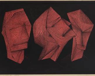 5 Tomio Kinoshita (1923-2014) "Kamen 3" (Masks 3), 1957 Woodcut in colors on paper From the edition of unknown size (printed in various colors combined with black) Signed, titled, and inscribed in Japanese, in pencil, in the lower margin: Tomio Kinoshita Image: 22.25" H x 29.75" W; Sight: 23" H x 30.25" W Estimate: $800 - $1,200
