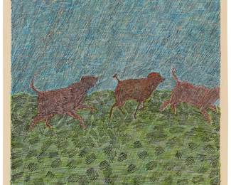 158 Susanna Bergtold (20th/21st Century) "Promenade," 1979 Mixed media, including gouache and ink, on paper Appears unsigned; titled and dated on a gallery label affixed to the frame's backing board Image: 5.75" H x 5.25" W; Sheet: 6" H x 5.75" W Estimate: $400 - $600