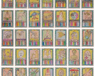 69 Frédéric Bruly Bouabre (1923-2014) "Afrique et la lettre (1986)," 2006 Each: Ink, colored crayon, and pencil on heavy cardstock Each signed and dated in ink, verso: FB Bouabre / 29-12-2006; titled and inscribed in French, in ink along each edge with the same inscription: "Afrique et la lettre (1986) dan un ciel crasons couleurs taillés avec art je desine, ici: j'ai voulu imité Victor Hugo j'ai embrassé Picasso"; 35 pieces Each sheet: 7.875" H x 5.5" W Estimate: $1,000 - $2,000