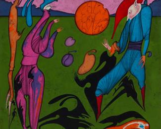 35 Mihail Chemiakin (b. 1943) "Carnival at St. Petersburg VIII" Oil on canvas Presumably signed, verso, according to the copy of the certificate of authenticity that accompanies this lot; titled on a label affixed to the frame's backing board 42" H x 42" W Estimate: $12,000 - $18,000