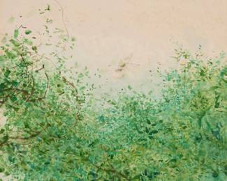104 Chen Chi (1912-2005) Verdure landscape, 1968 Watercolor on paper mounted to Masonite Signed and dated lower right: Chen Chi / 1968; with the artist's red ink chopmark in the branches to the left of center 22" H x 22" W Estimate: $1,000 - $1,500