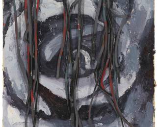 149 Alex Becerra (b. 1989) Untitled, 2014 Oil on canvas with twenty loose painted rubber ribbon elements Signed and dated in ink, verso: Alex Becerra '14 Approximately 20" H x 15.75" W Estimate: $2,000 - $3,000