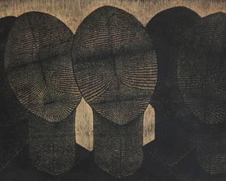 7 Tomio Kinoshita (1923-2014) "Five Faces," 1960 Woodcut on creme paper Edition: 12/50 Appears unsigned and unnumbered, however, a typewritten label affixed to the frame's backing paper notes the artist and numbering; titled by repute Sight: 21.75" H x 29.5" W Estimate: $800 - $1,200