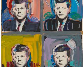 122 Peter Max (b. 1937) "JFK - Four Portraits," 1989 Screenprint in colors on paper Edition: 321/495 Signed and numbered in white pencil in the lower corners: MAX; with the artist's blindstamp dated 1989, lower left; Karl & Gail, New York, NY, prntr.; Hanson Art Galleries, San Francisco, CA, pub. Image/Sheet: 40" H x 32" W Estimate: $1,000 - $1,500