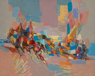 32 Jean Chevolleau (1924-1996) "L'Effort" (No. 177) Oil on canvas Signed lower right: J. Chevolleau; signed again, titled, and inscribed, "chevaux et maríne halant un bateau / A / No. 177," all in ink on the verso 25.5" H x 32" W Estimate: $700 - $900