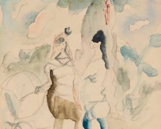 39 Jules Pascin (1885-1930) "Deux Femmes Au Parc," 1921 Watercolor and traces of pencil on paper Signed lower right: Pascin; dated "1921" in ink and "21" in pencil verso; titled on gallery labels affixed to the frame's backing paper 6.625" H x 5.25" W Estimate: $1,000 - $1,500