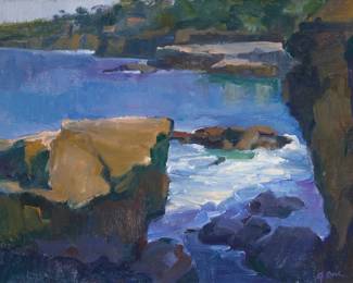 139 Joli Beal (b. 1952) "Action and Calm (La Jolla Cove)" Oil on canvas laid to artist's board Signed lower right: J. Beal; signed and titled in brown ink verso: Joli Beal 14" H x 18" W Estimate: $400 - $600