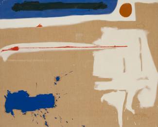 16 Frank O. Hamilton (1923-2015) "Tahoma Six," 1961 Oil on raw canvas Signed and dated lower right: Hamilton '61; Signed and dated again, and titled, on the stretcher; inscribed verso: "D.A.82" 50" H x 60" W Estimate: $600 - $800