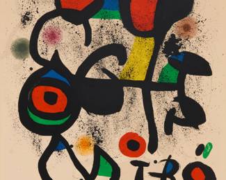 1 Joan Miró (1893-1983) Poster for the exhibition "Bronzes," Hayward Gallery, London, 1972 Lithograph in colors on Arches paper Edition: 89/150, from the edition before lettering Signed and numbered in pencil in the lower margin: Miro; inscribed in pencil in another hand on the verso: "Affiche A[?] Londres"; Arte Adrien Maeght, Paris, France; Arts Council, London, England, pub. Image: 31" H x 23.5" W (approx.); Sheet: 35.125" H x 24.625" W Estimate: $2,000 - $3,000