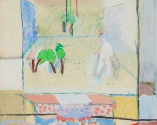 72 Carol Ann Sutherland (b. 1952) "You Said You Were Coming," c. 1983 Gouache, pastel, collage, and pencil on paper Appears unsigned; titled in pencil on a piece of tape affixed to the frame's backing board and titled again and possibly dated on a gallery label also affixed to the frame's backing board: "October 12th 1983" Sight: 27.75" H x 20.25" W Estimate: $500 - $700