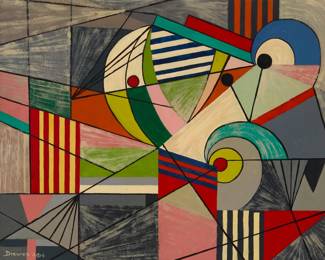 11 Werner Drewes (1899-1985) "Abstract #1," 1944 Oil on board Signed and dated and with the artist's peace cipher lower left: Drewes 4 [peace symbol] 4; titled on a gallery label affixed to the frame's verso 16" H x 20" W Estimate: $8,000 - $12,000