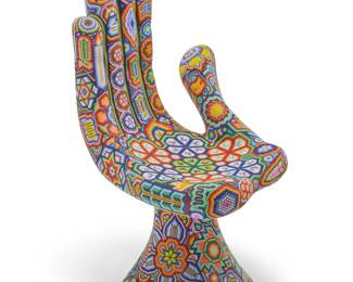 116 Rick (CHROMA) Wolfryd (b. 1953) After Pedro Friedeberg "Hot Seat: Magic Hands Series," 2023 Photopolymer resin and beads Edition: AP Signed, dated, titled, and editioned to underside: CHROMA aka Rick Wolfryd / ARTIST'S PROOF / Inspired by GREAT ARTIST PEDRO FRIEDEBERG / + CHROMA DREAMS! 32.25" H x 23.25" W x 28" D Estimate: $3,000 - $5,000