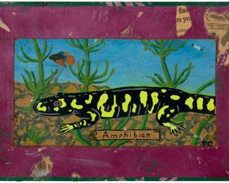 71 Jeffrey Vallance (b. 1955) "Amphibian # 2," 1981-2 Enamel on board with decals and collage in a Jim Isermann painted frame Signed, dated, and inscribed in pencil on the verso of the frame's backing board: Jeffrey Vallance / 1981 / 2; titled on a gallery label on the verso of the frame's backing board Image including purple border: 10" H x 15.25" W; Overall, with frame: 21" H x 24.5" (irreg.) Estimate: $700 - $900