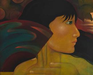 156 Jessica Rice (1941-2016) A profile portrait of a woman with a fan Oil on canvas Signed lower right: Jessica Rice 30" H x 30" W Estimate: $1,500 - $2,500