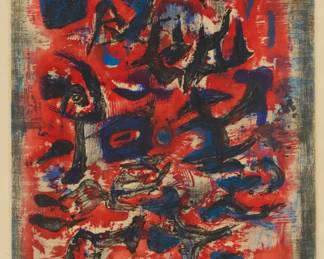 4 Zao Wou-Ki (1920-2013) "Signes en mouvement," 1957 Etching, aquatint, and engraving in colors on BFK Rives paper Edition: 27/60 (there were also 10 artist's proofs) Signed in Chinese characters, dated, and numbered in pencil in the lower margin: 57; R. Dutrou, Paris, France, prntr.; La Hune, Paris, France, pub. Plate: 19.625" H x 15" W; Sheet: 26.25" H x 19.875" W Estimate: $3,000 - $5,000