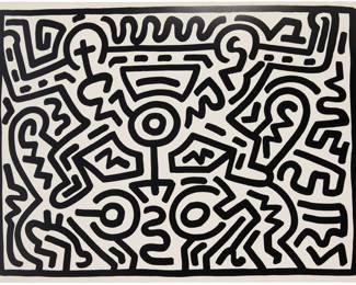 77 Keith Haring (1958-1990) One plate (first state), from the "Growing" set, 1988 Screenprint on Lenox Museum Board Edition: III/X (there was also an edition of 100 plus 15 artist's proofs in colors) Signed, dated, and numbered with the artist's device, all in pencil, along the lower left vertical margin: III/X K. Haring '88; Rupert Jansen Smith, New York, NY, prntr., with his blindstamp; Martin Lawrence Limited Editions, New York, NY, pub., with their blindstamp Image: 28.875" H x 38.75" W; Sheet: 30.125" H x 40.5" W Estimate: $30,000 - $50,000