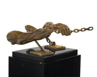 101 Earl Enriquez (b. 1962) "A Hold On Destiny," 2000 Patinated bronze on stone base on wood plinth Signed and dated in the casting of the left forearm: © Enriquez; with foundry mark: AWF Bronze: 13.5" H x 47.5" W x 21.25" D; With base: 22" D; Plinth: 27" H x 24" W x 19" D Estimate: $2,000 - $3,000