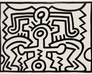 78 Keith Haring (1958-1990) One plate (first state), from the "Growing" set, 1988 Screenprint on Lenox Museum Board Edition: III/X (there was also an edition of 100 plus 15 artist's proofs in colors) Signed, dated, and numbered with the artist's device, all in pencil, along the lower left vertical margin: III/X K. Haring '88; Rupert Jansen Smith, New York, New York, prntr., with his blindstamp; Martin Lawrence Limited Editions, New York, New York, pub., with their blindstamp Image: 30" H x 40.375" W; Sheet: 29" H x 39.25" W Estimate: $30,000 - $50,000