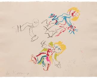 9 Willem De Kooning (1904-1997) "Composition for Lisa," 1984 Lithograph in colors on wove paper Edition: 70/250 Signed and numbered in pencil in the lower margin: de Kooning; Brand X Editions, New York, NY, pub., with their blindstamp lower left; stamped in black ink, verso: © L. de K., 1984 Sheet: 18" H x 23.5" W Estimate: $1,000 - $2,000