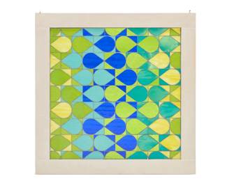 127 Jim Isermann (b. 1955) Untitled (Pat) Stained glass, lead, and wood Unmarked Inner: 36.375" H x 35.875" W; Outer without hooks: 44.375" H x 44" W x 1" D Estimate: $3,000 - $5,000