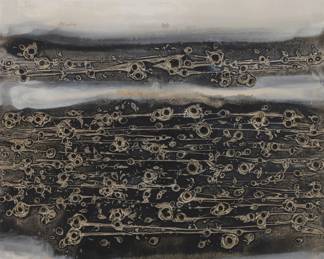 54 Kostas Paniaras (1934-2014) Abstract, 1963 Oil and encaustic on canvas Signed lower right: Paniaras; signed again and dated, verso: Kostas Paniaras / 63; inscribed indistinctly in red ink, verso 39.5" H x 28.75" W Estimate: $800 - $1,200