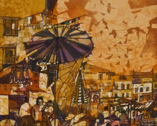 158 Susanna Bergtold (20th/21st Century) "Promenade," 1979 Mixed media, including gouache and ink, on paper Appears unsigned; titled and dated on a gallery label affixed to the frame's backing board Image: 5.75" H x 5.25" W; Sheet: 6" H x 5.75" W Estimate: $400 - $600