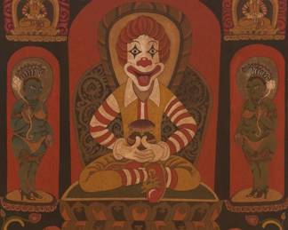 131 Gade (b. 1971) Ronald McDonald thangka Oil on canvas Inscribed in Tibetan lower right 39.25" H x 19.75" W Estimate: $5,000 - $7,000