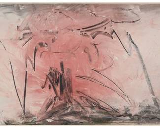 23 Hassel Smith (1915-2007) Untitled, 1957 Oil on paper mounted to board Signed twice, dated, and inscribed, all on the frame's backing board: "Hassel Smith 1957 / to Greg" Sheet: 22.25" H x 48" W; Painted mount: 23" H x 48.5" W Estimate: $1,000 - $2,000
