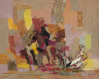 33 Jean Chevolleau (1924-1996) "Le Labour" (No. 32), 1962 Oil on canvas Signed and dated lower right: J. Chevolleau / 62; signed, dated, titled, and inscribed, "No. 32," all in paint on the verso 24" H x 29" W Estimate: $600 - $800