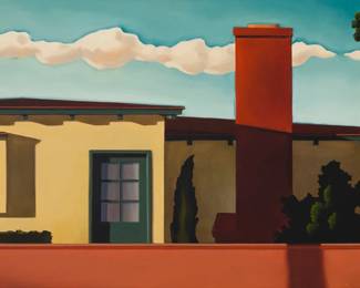 141 R. Kenton Nelson (b. 1954) "Over Garcia's Wall" Oil on Masonite Signed lower right: R. Kenton Nelson; titled on the handwritten card from the artist and the sales invoice that accompanies this lot 12" H x 24" W Estimate: $5,000 - $7,000