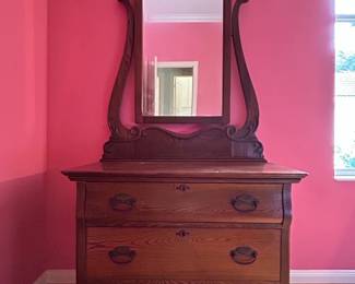 Antique wooden dresser and mirror
