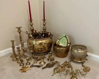 Decorative Brass Home Dcor Group Including Candlesticks and Planters