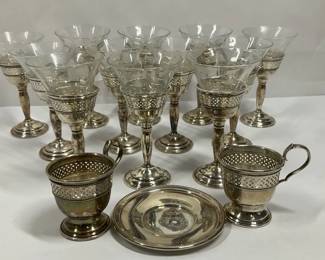 Set of 12 Sterling Silver and Etched Glass Stemware Pieces with Sterling Accessories