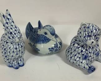 Andrea by Sadek HandPainted Blue White Porcelain Animal Figurines and Duck