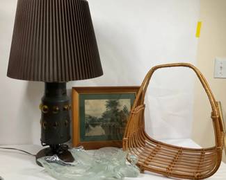 Decorative Lamp, Art Glass Bowl, Wicker Basket Signed Framed Artwork