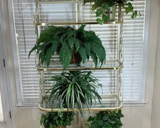 Glass Shelf Etagere Plant Stand with Metal Scrollwork Frame