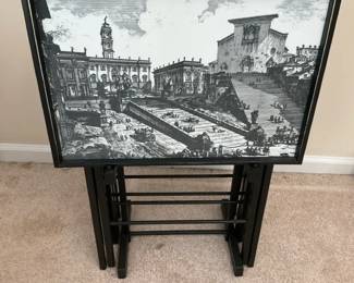 Set of Four BlackandWhite European Architectural Scene Folding TV Tray Tables with Storage Stand