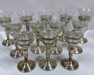 Set of 12 Sterling Silver and Etched Glass Cordial Glasses