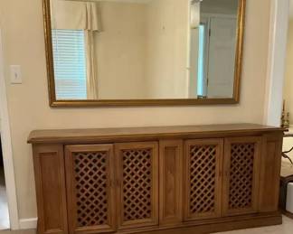 Wood Cabinet Console or Buffet with Lattice Doors and Wall Mirror