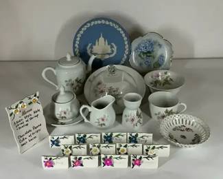 Floral China Serving Pieces and Handcrafted Place Card Holder Collection