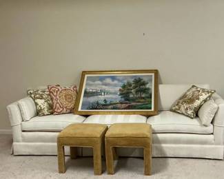 WhiteGold Sofa, Accent Pillows, Ottomans Framed Artwork
