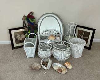 Coastal Dcor Group with Wicker, Mirror Shell Accents