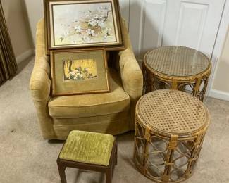 Home Dcor Group with Rattan Tables, Chair, Artwork Footstool