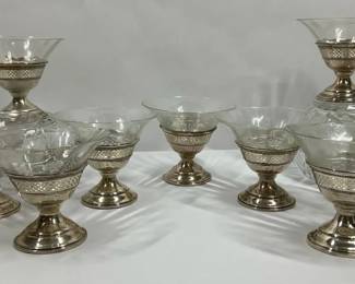 Set of 9 Sterling Silver and Etched Glass Compotes